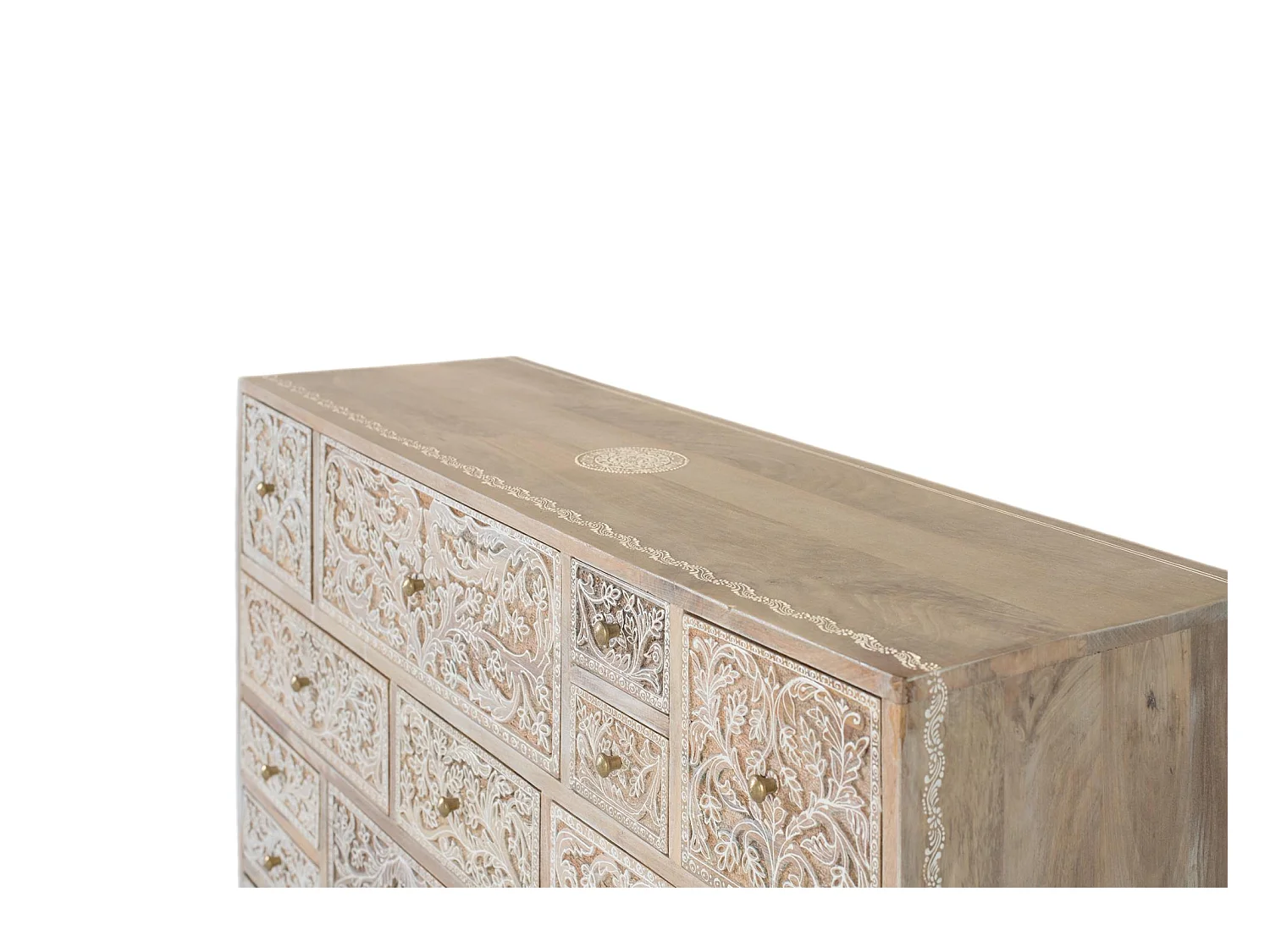 Cassettiera in legno di mango con 14 cassetti intagliati a mano