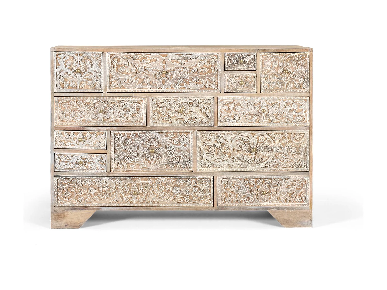 Cassettiera in legno di mango con 14 cassetti intagliati a mano