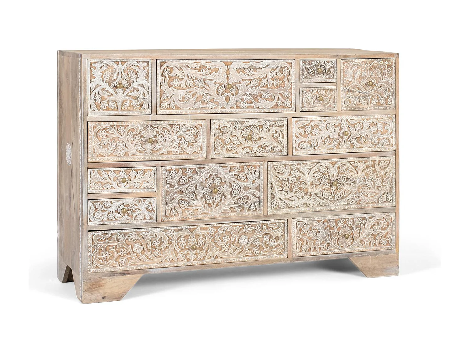 Cassettiera in legno di mango con 14 cassetti intagliati a mano