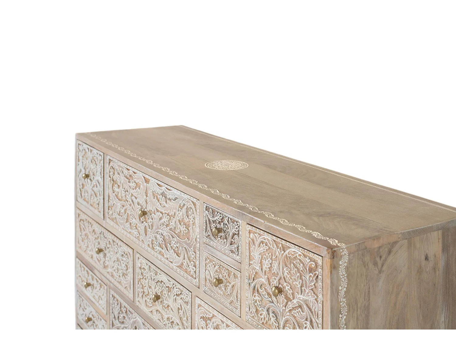 Cassettiera in legno di mango con 14 cassetti intagliati a mano