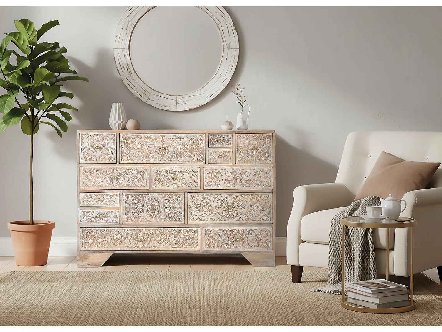 Cassettiera in legno di mango con 14 cassetti intagliati a mano