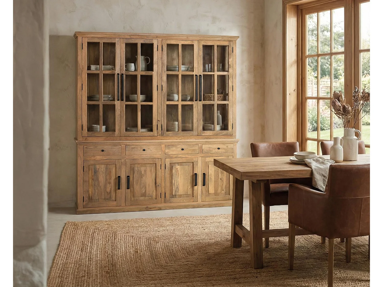 Buffet en bois de manguier 208 cm, style rustique moderne - 226 x 208 x 45