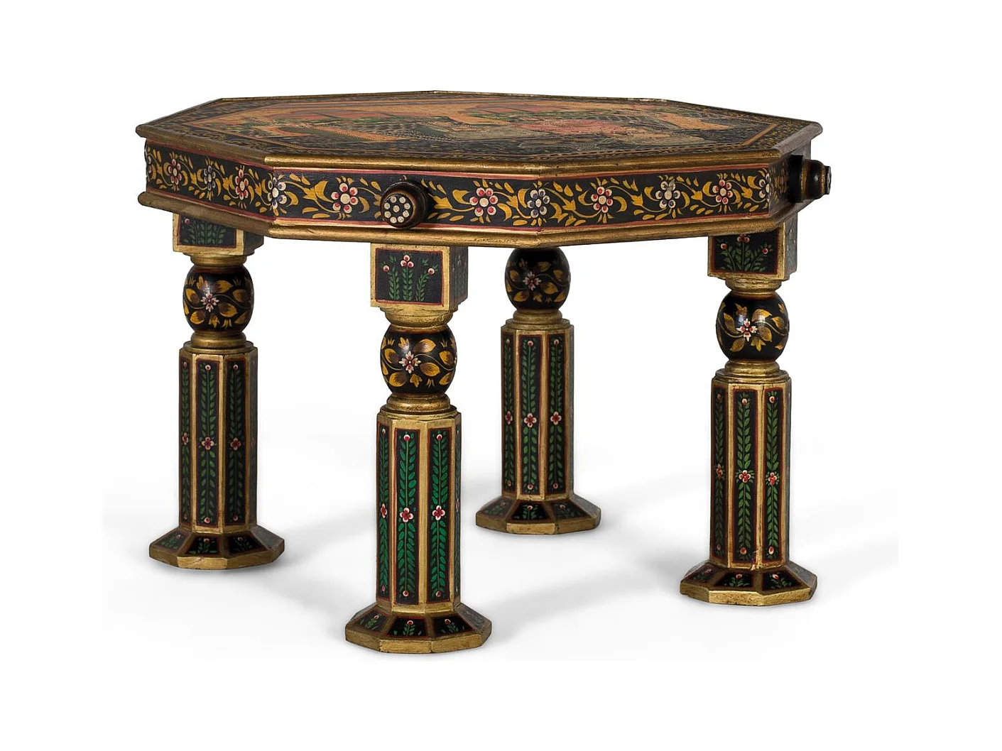 Table d'appoint octogonale en bois de manguier avec détails peints