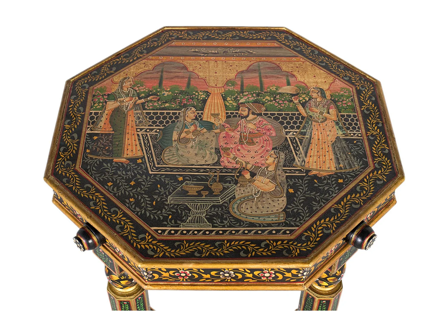 Table d'appoint octogonale en bois de manguier avec détails peints