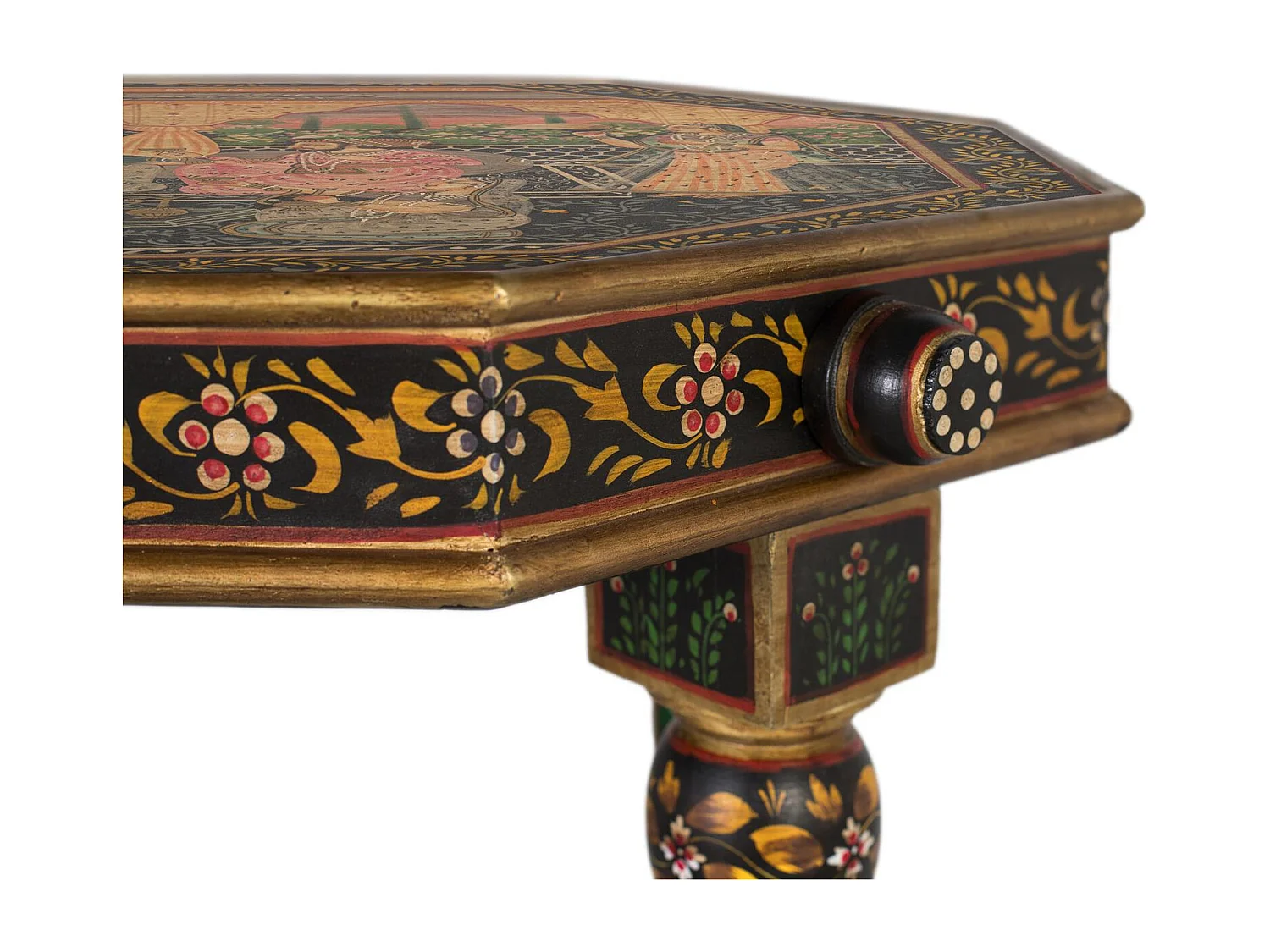 Table d'appoint octogonale en bois de manguier avec détails peints