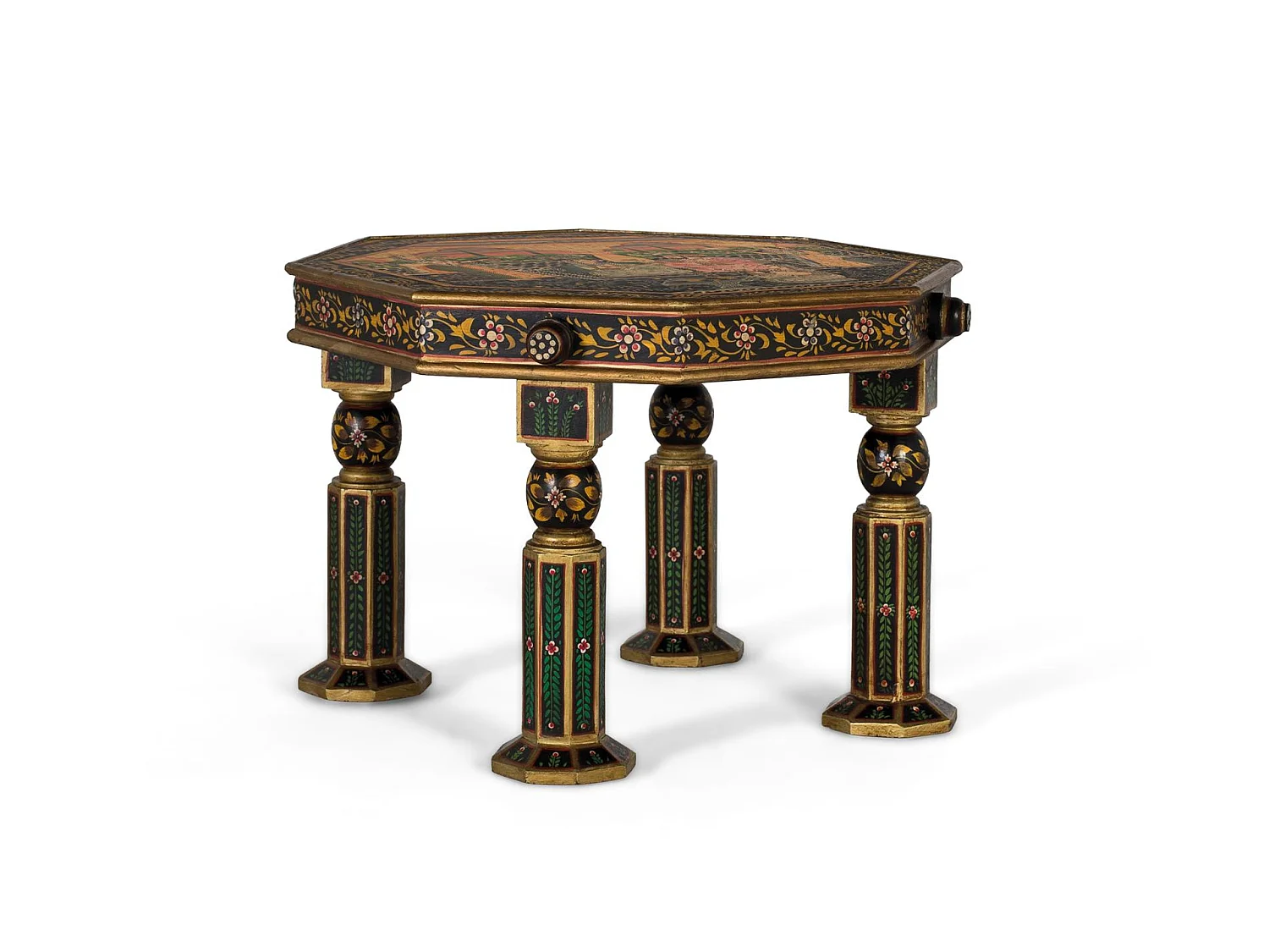 Mesa auxiliar octagonal en madera de mango y detalles pintados a mano