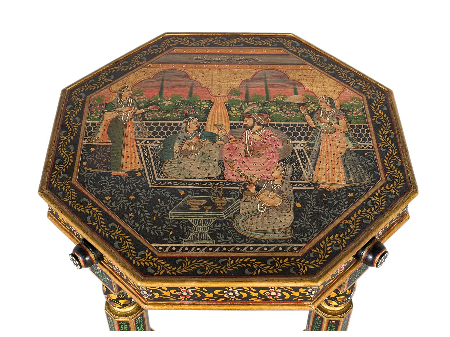 Mesa auxiliar octagonal en madera de mango y detalles pintados a mano
