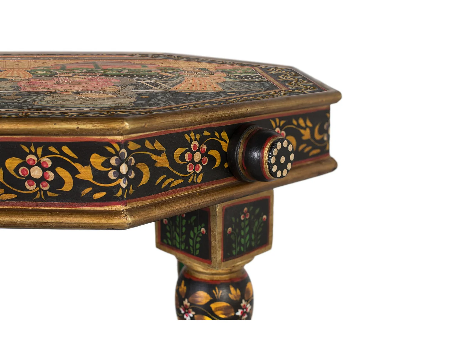 Mesa auxiliar octagonal en madera de mango y detalles pintados a mano