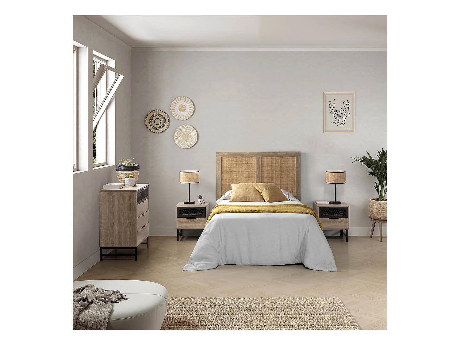 Kopfteil Musa 95 x 60 cm, Eichenfarbe, natürliches Rattan