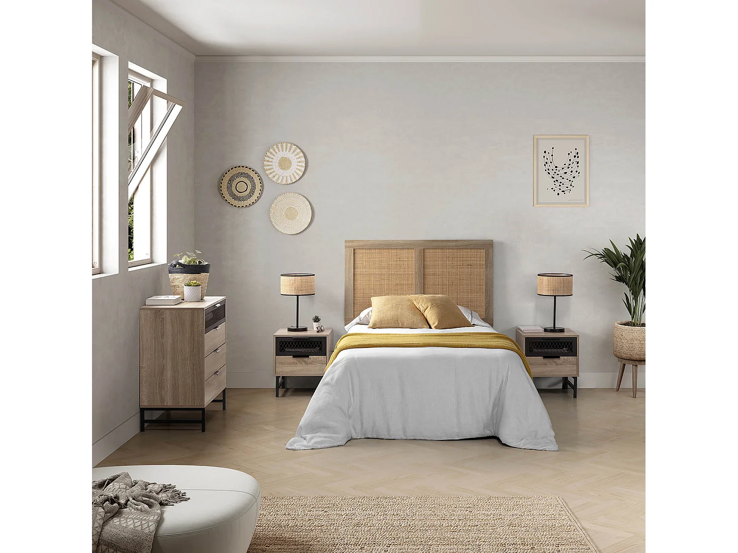 Kopfteil Musa 95 x 60 cm, Eichenfarbe, natürliches Rattan