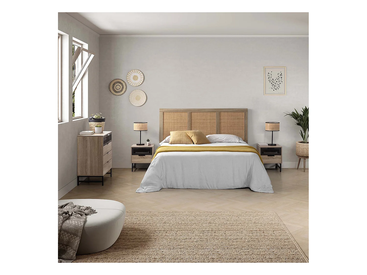 Kopfteil Musa 145 x 60 cm, Eichenfarbe, natürliches Rattan