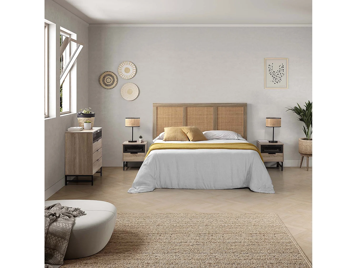 Kopfteil Musa 145 x 60 cm, Eichenfarbe, natürliches Rattan