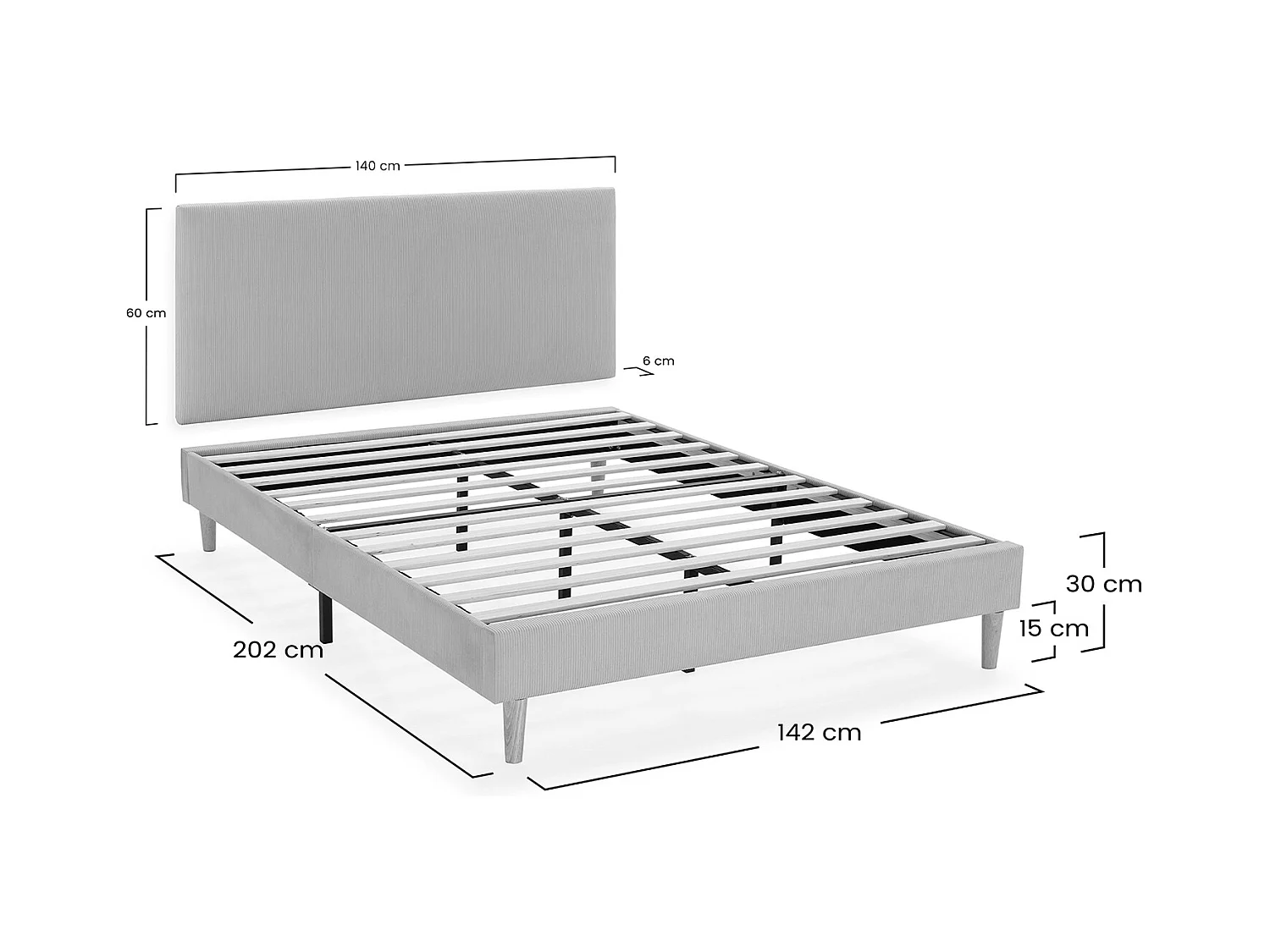 Sommier + tête de lit Bari 140x200 cm couleur Gris