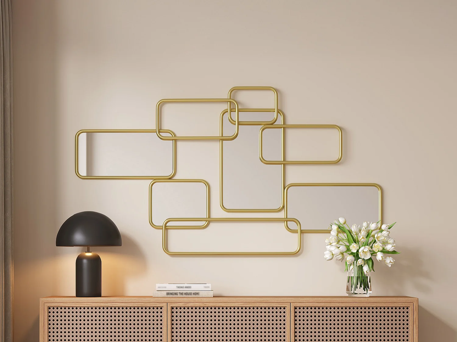 Miroir art déco asymétrique - L. 85 x H. 45 cm - Métal doré - OMAYA