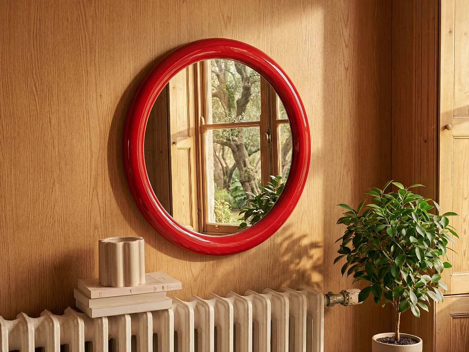 Lustro ścienne z drewna paulowni, okrągłe  - Śr.60 cm - Czerwony lakier - MAELO