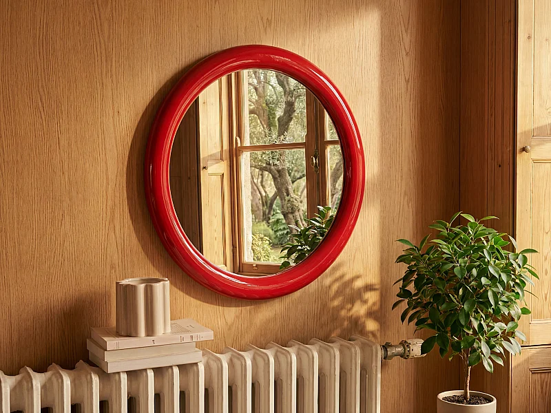Lustro ścienne z drewna paulowni, okrągłe  - Śr.60 cm - Czerwony lakier - MAELO