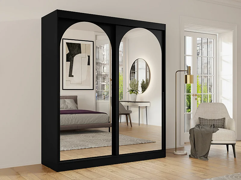 Armario Toledo 132, Negro, 216x180x65cm, Puertas de armario: Correderas