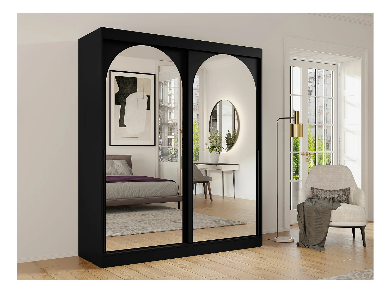 Armario Toledo 132, Negro, 216x180x65cm, Puertas de armario: Correderas