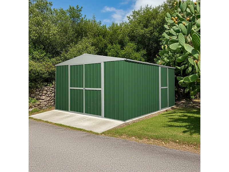 Box garage lamiera zincata casetta giardino acciaio 360x430cm x h2.10m - 185KG - 15,48mq - VERDE
