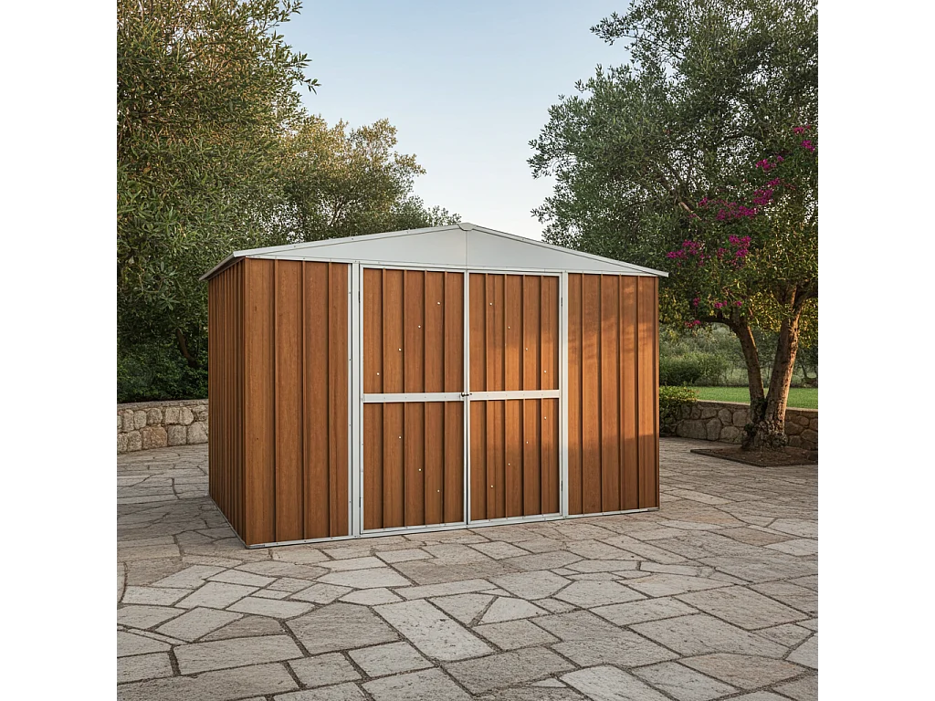 Box acciaio casetta giardino in lamiera deposito attrezzi 360x175cm x h 212cm - 110 kg - 6,30 mq - FINITURA LEGNO