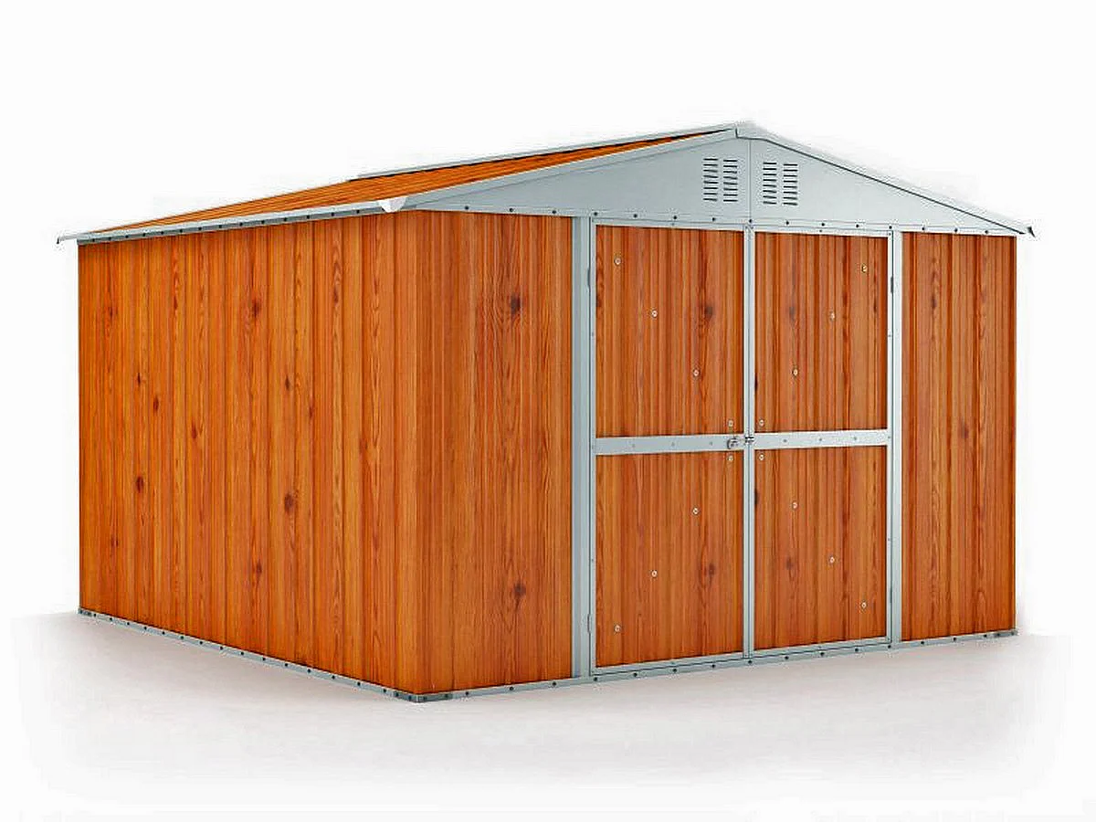 Casetta giardino Box attrezzi in Acciaio Zincato 327x307cm x h2.15m - 145KG - 10,04mq - FINITURA LEGNO