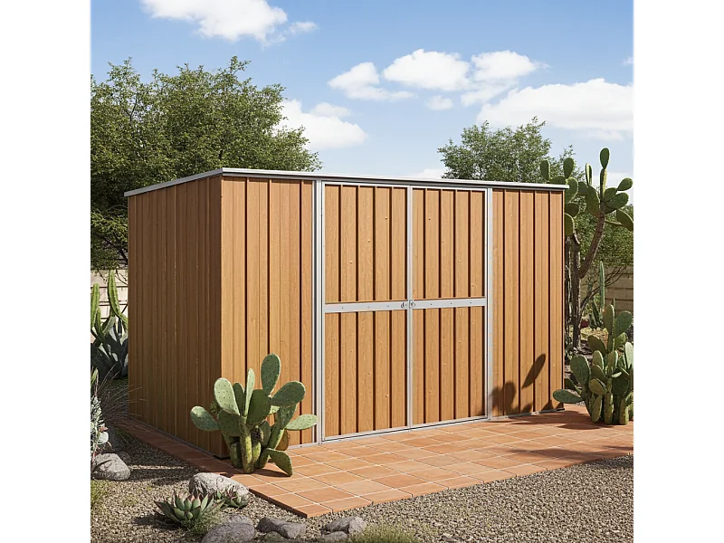 Casetta deposito lamiera Box in Acciaio Zincato 345x186cm x h1.92m - 98KG - 6.42mq - FINITURA LEGNO