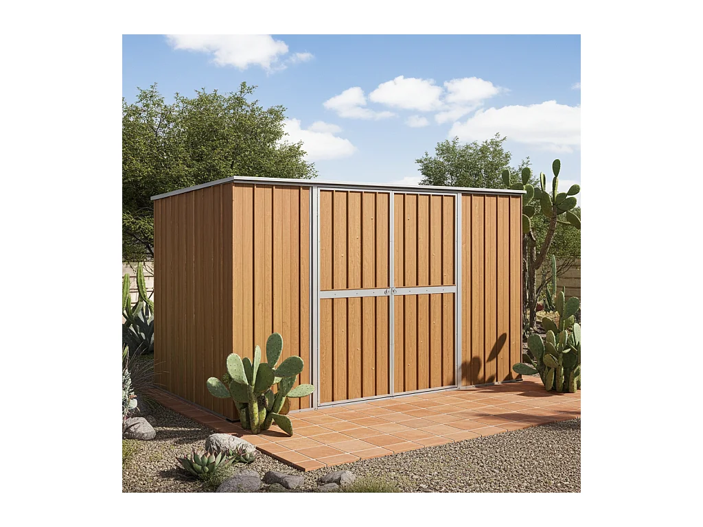 Casetta deposito lamiera Box in Acciaio Zincato 345x186cm x h1.92m - 98KG - 6.42mq - FINITURA LEGNO