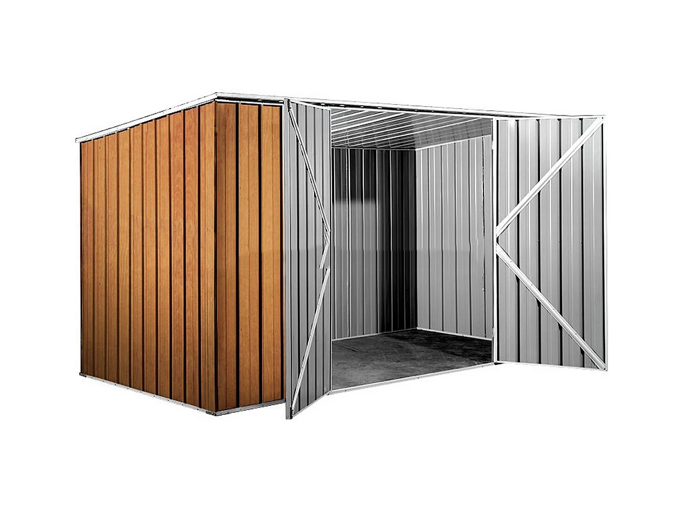 Casetta deposito lamiera Box in Acciaio Zincato 345x186cm x h1.92m - 98KG - 6.42mq - FINITURA LEGNO