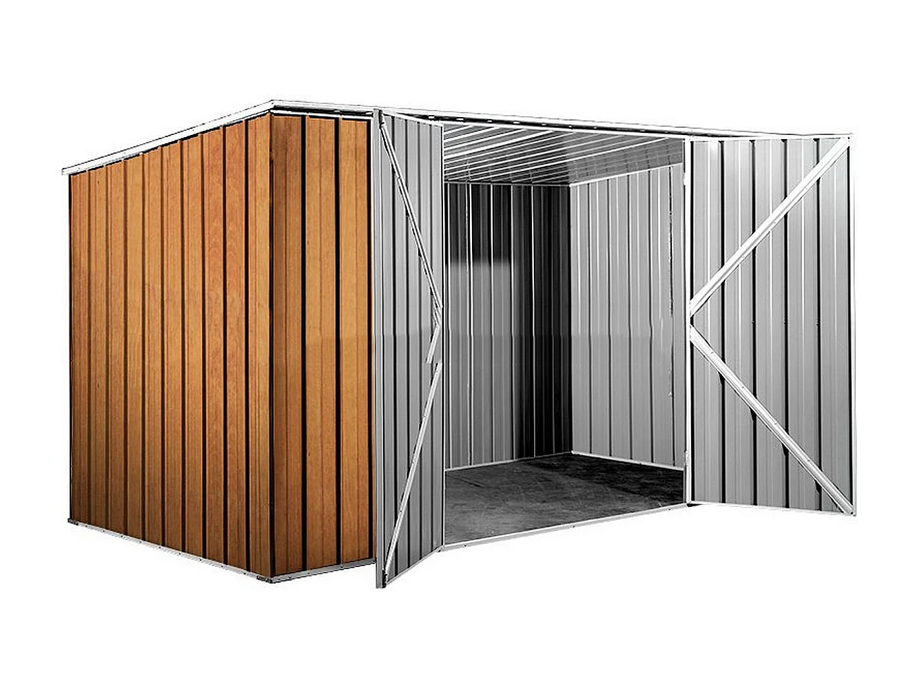 Casetta deposito lamiera Box in Acciaio Zincato 345x186cm x h1.92m - 98KG - 6.42mq - FINITURA LEGNO