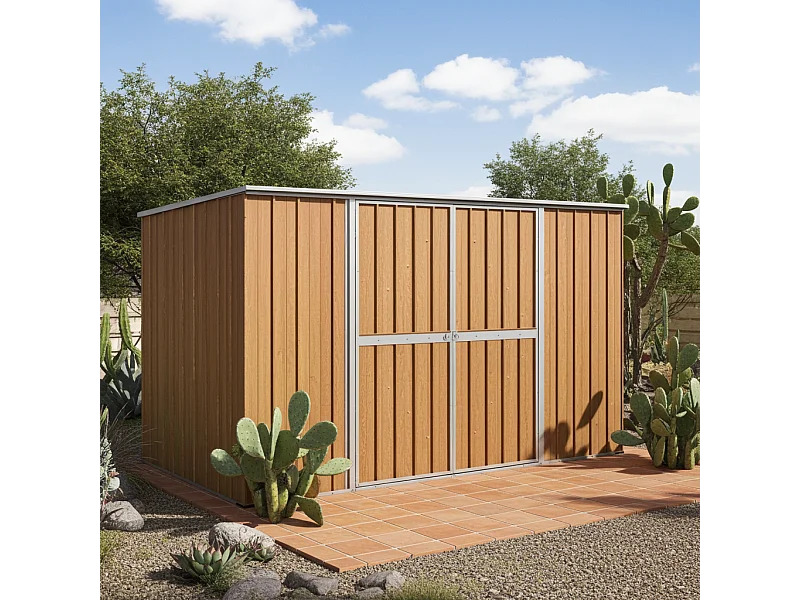 Casetta deposito lamiera Box in Acciaio Zincato 345x186cm x h1.92m - 98KG - 6.42mq - FINITURA LEGNO