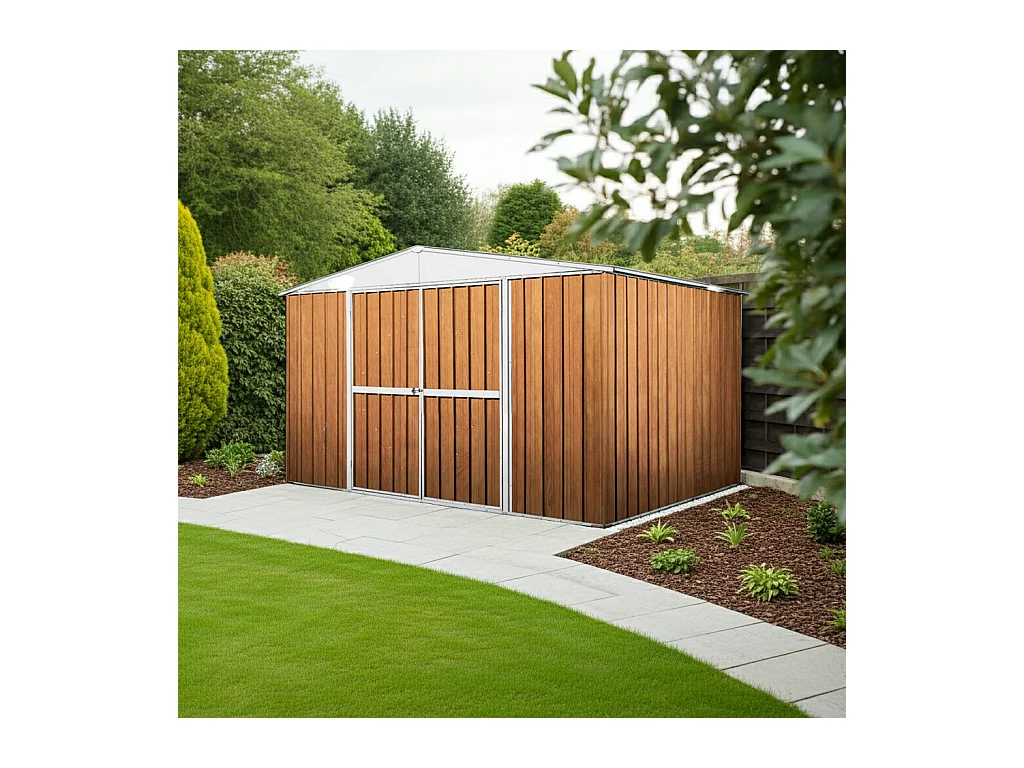 Box in Acciaio Zincato garage attrezzi lamiera 360x3.45cm x h2.12m - 150KG - 12,42mq - FINITURA LEGNO