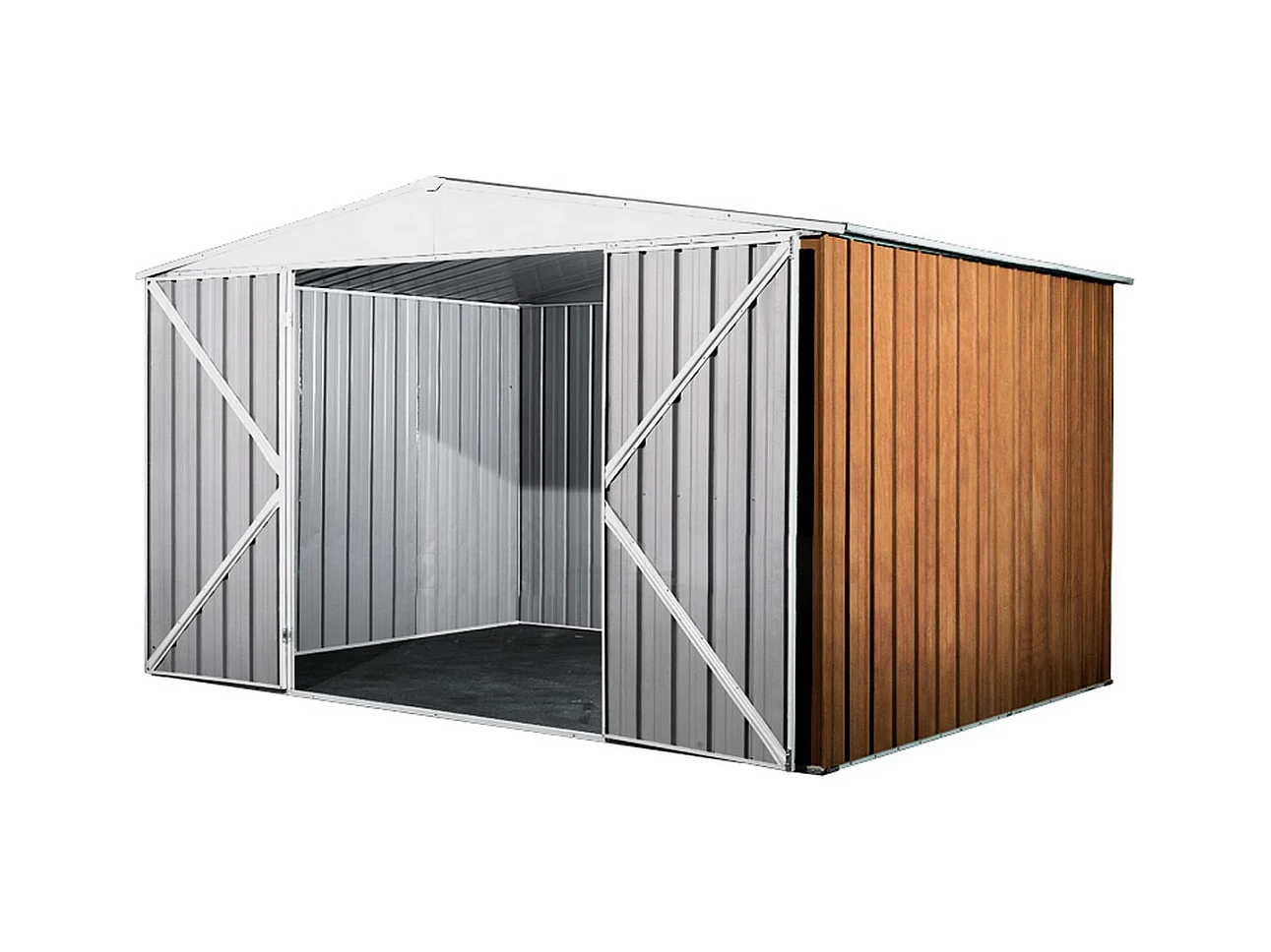 Box in Acciaio Zincato garage attrezzi lamiera 360x3.45cm x h2.12m - 150KG - 12,42mq - FINITURA LEGNO