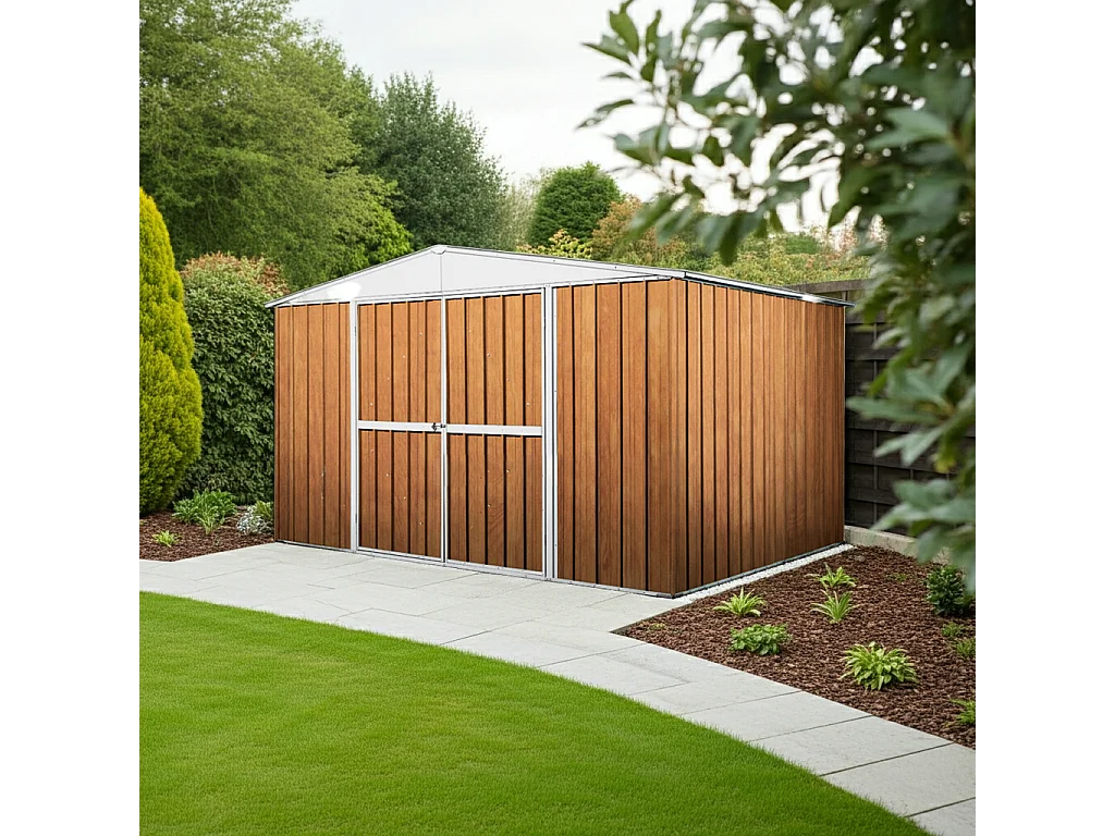 Box in Acciaio Zincato garage attrezzi lamiera 360x3.45cm x h2.12m - 150KG - 12,42mq - FINITURA LEGNO