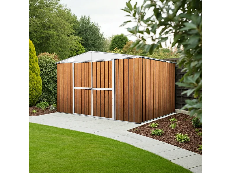 Box in Acciaio Zincato garage attrezzi lamiera 360x3.45cm x h2.12m - 150KG - 12,42mq - FINITURA LEGNO