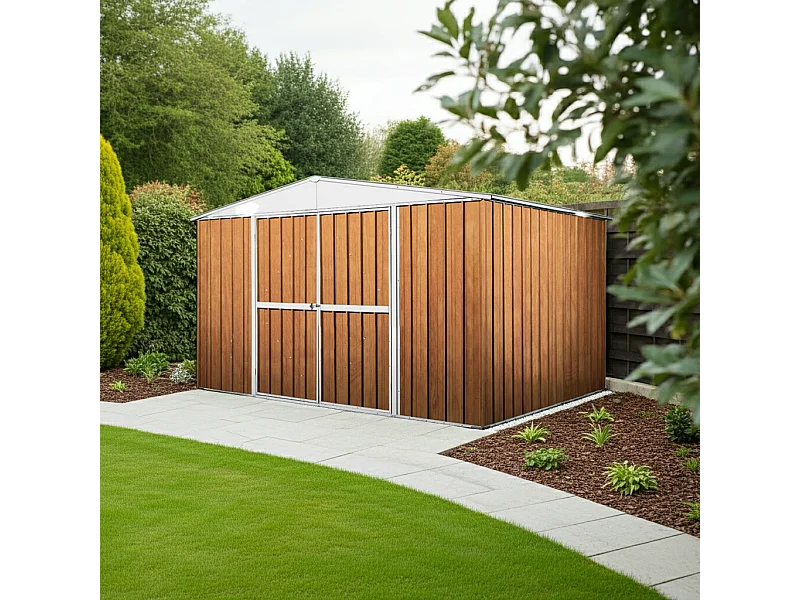 Box in Acciaio Zincato garage attrezzi lamiera 360x3.45cm x h2.12m - 150KG - 12,42mq - FINITURA LEGNO