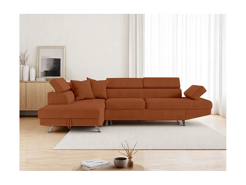 Canapé d'angle gauche convertible RIO 5 places avec coffre de rangement en velours côtelé - Terracotta
