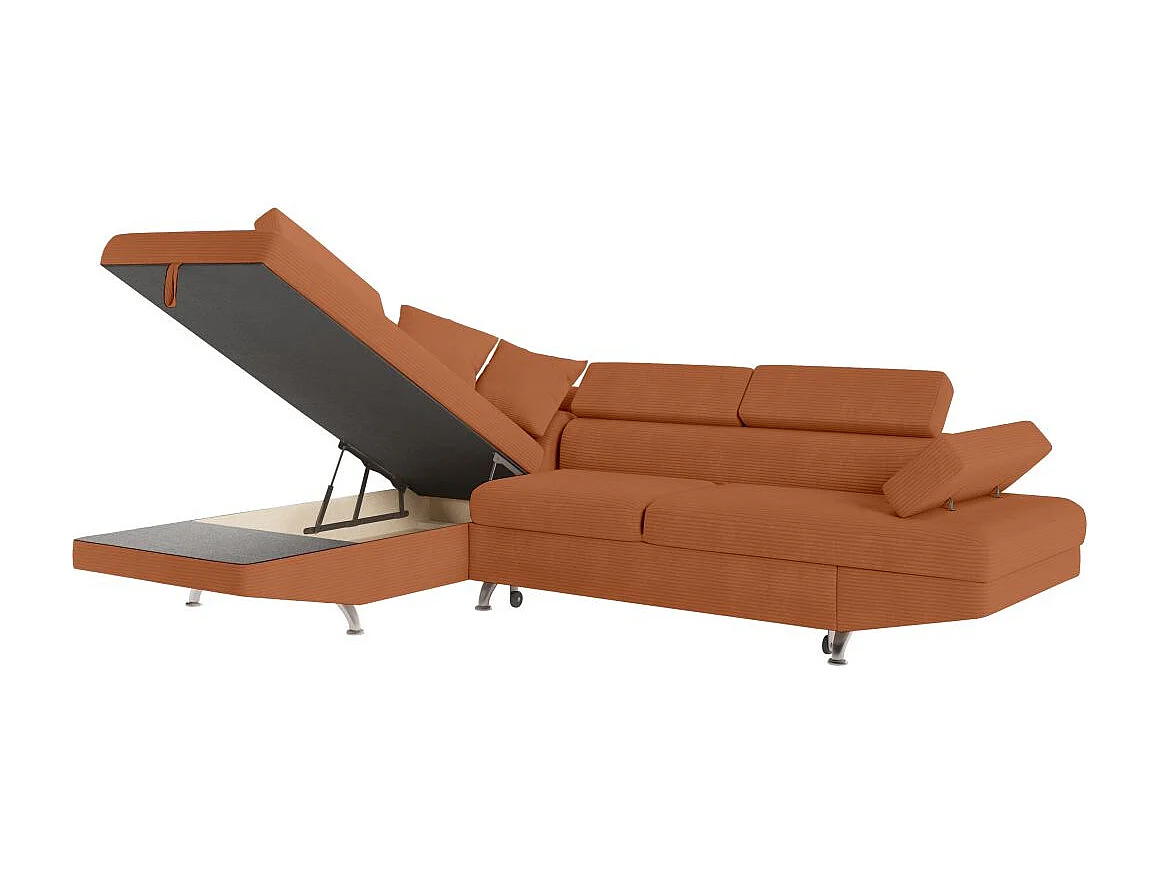 Canapé d'angle gauche convertible RIO 5 places avec coffre de rangement en velours côtelé - Terracotta