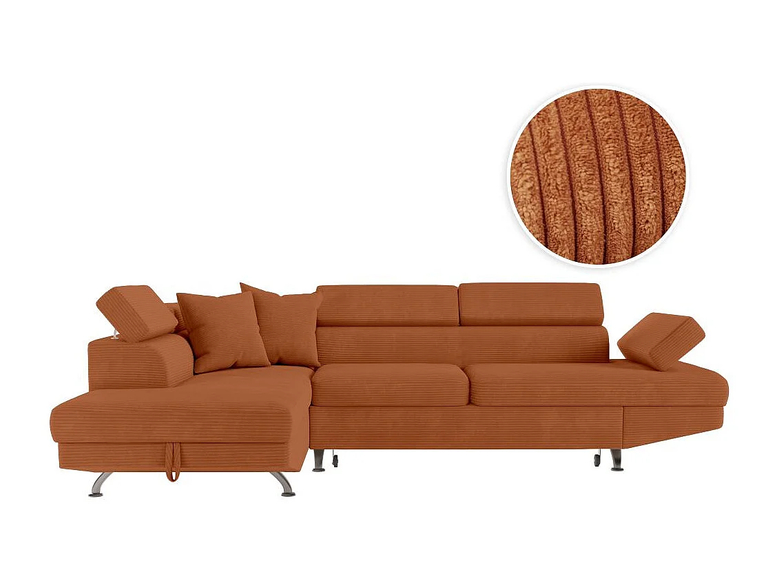 Canapé d'angle gauche convertible RIO 5 places avec coffre de rangement en velours côtelé - Terracotta