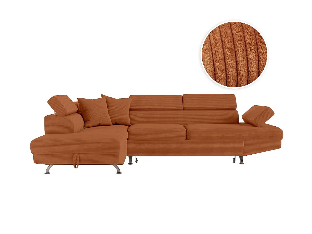 Canapé d'angle gauche convertible RIO 5 places avec coffre de rangement en velours côtelé - Terracotta