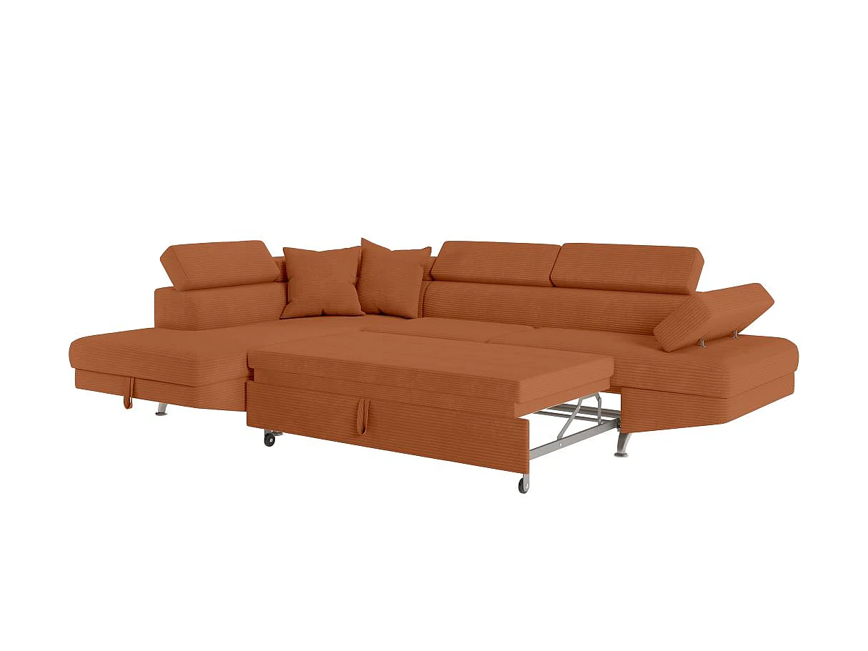 Canapé d'angle gauche convertible RIO 5 places avec coffre de rangement en velours côtelé - Terracotta