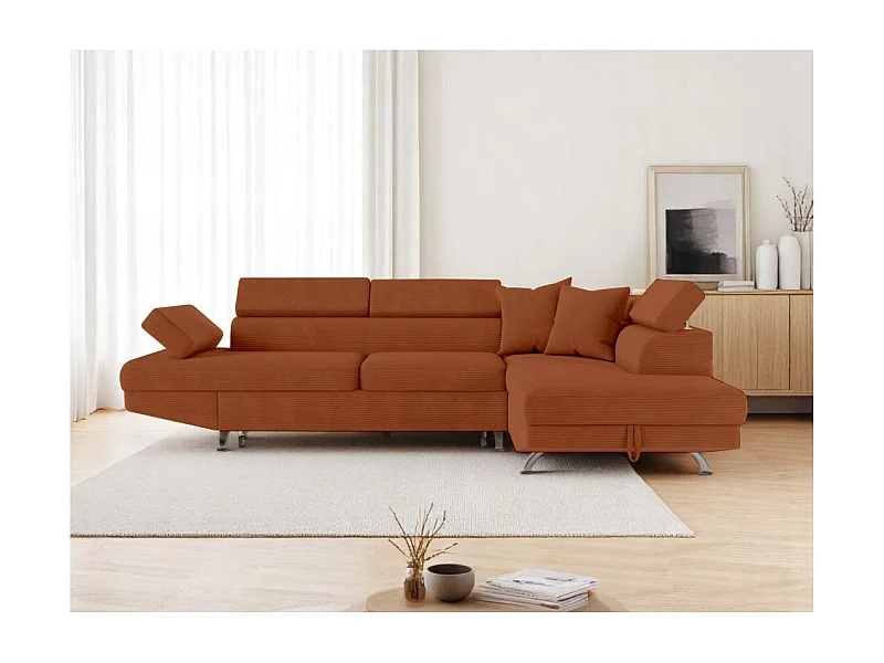 Canapé d'angle droit convertible RIO 5 places avec coffre de rangement en velours côtelé - Terracotta
