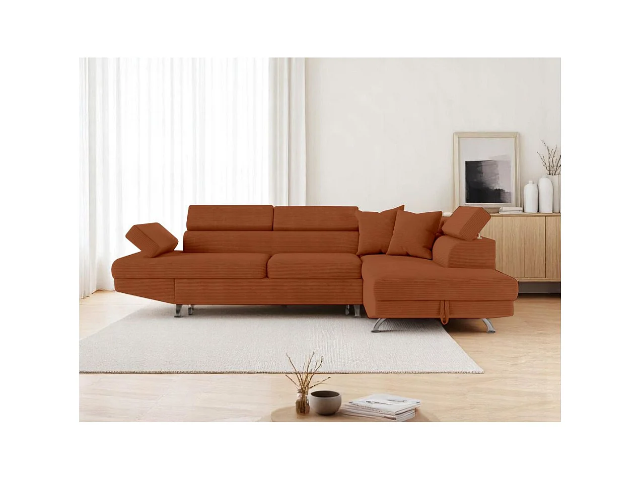 Canapé d'angle droit convertible RIO 5 places avec coffre de rangement en velours côtelé - Terracotta
