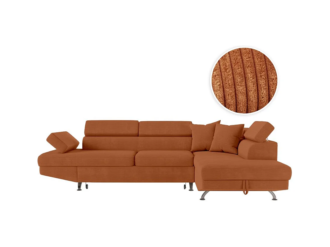 Canapé d'angle droit convertible RIO 5 places avec coffre de rangement en velours côtelé - Terracotta
