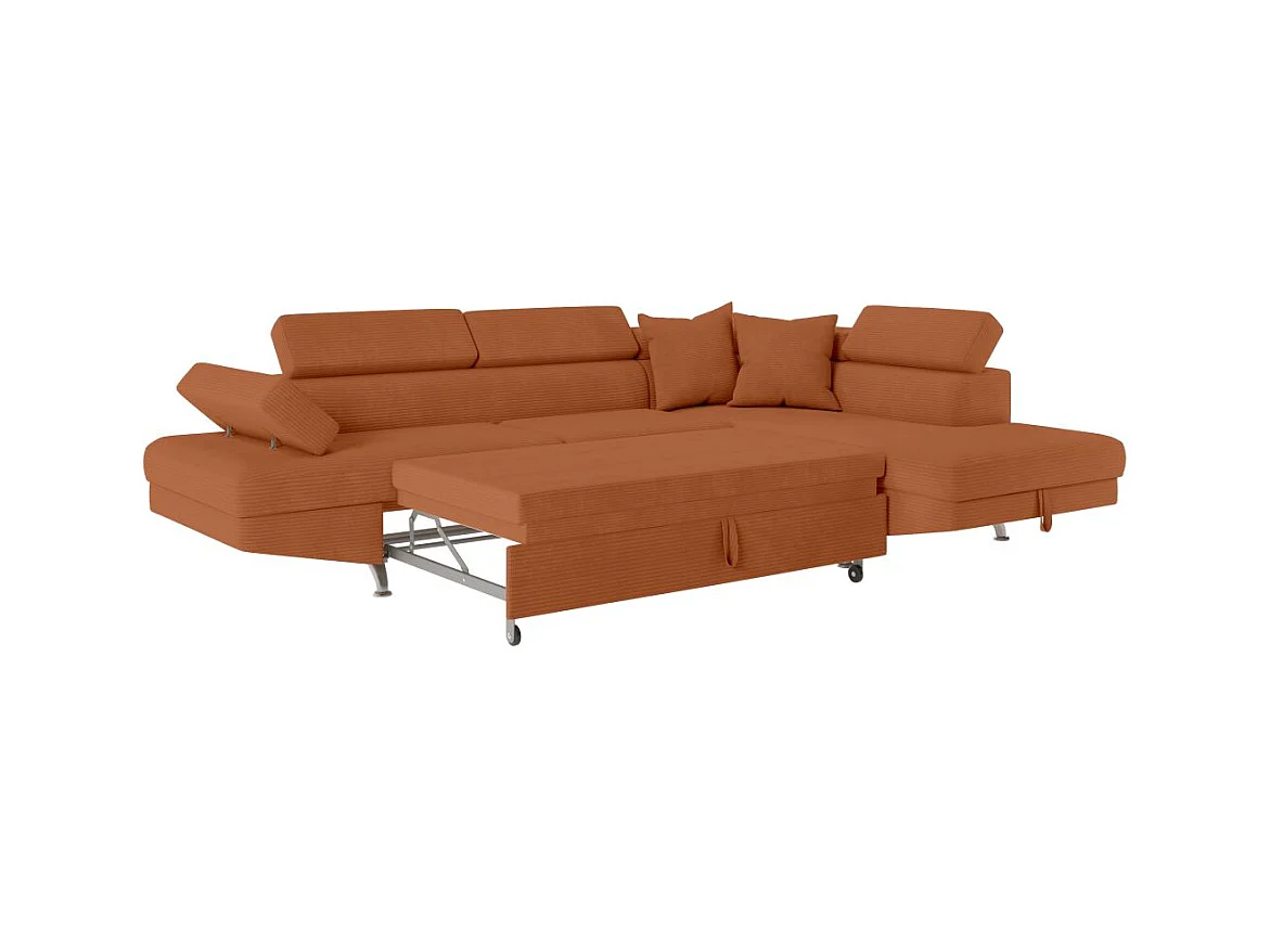 Canapé d'angle droit convertible RIO 5 places avec coffre de rangement en velours côtelé - Terracotta