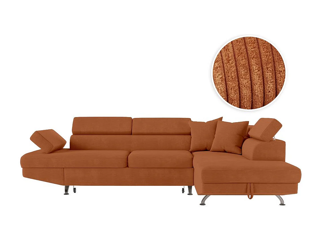 Canapé d'angle droit convertible RIO 5 places avec coffre de rangement en velours côtelé - Terracotta