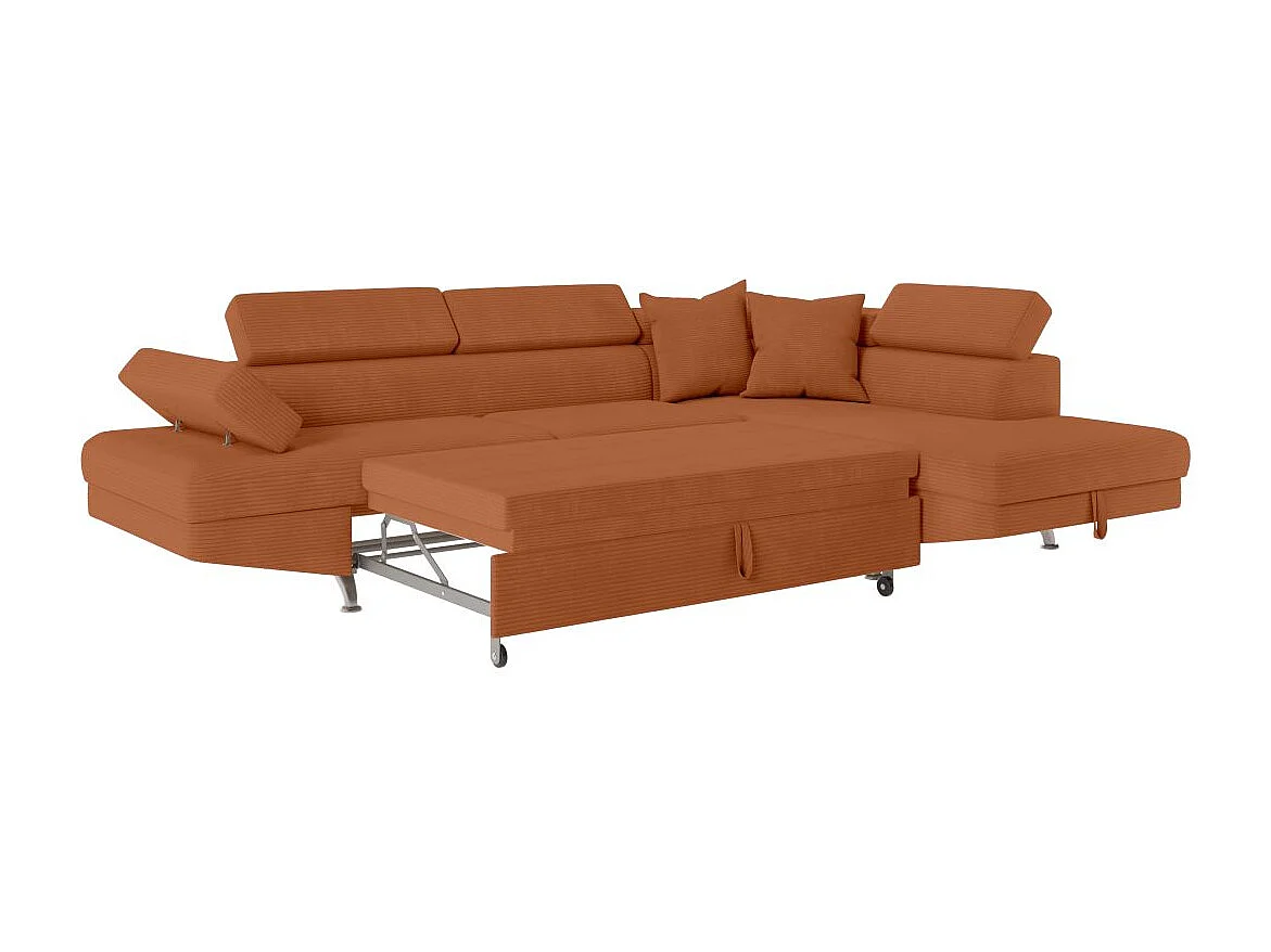Canapé d'angle droit convertible RIO 5 places avec coffre de rangement en velours côtelé - Terracotta