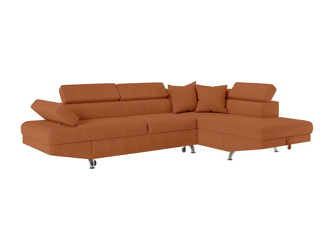 Canapé d'angle droit convertible RIO 5 places avec coffre de rangement en velours côtelé - Terracotta