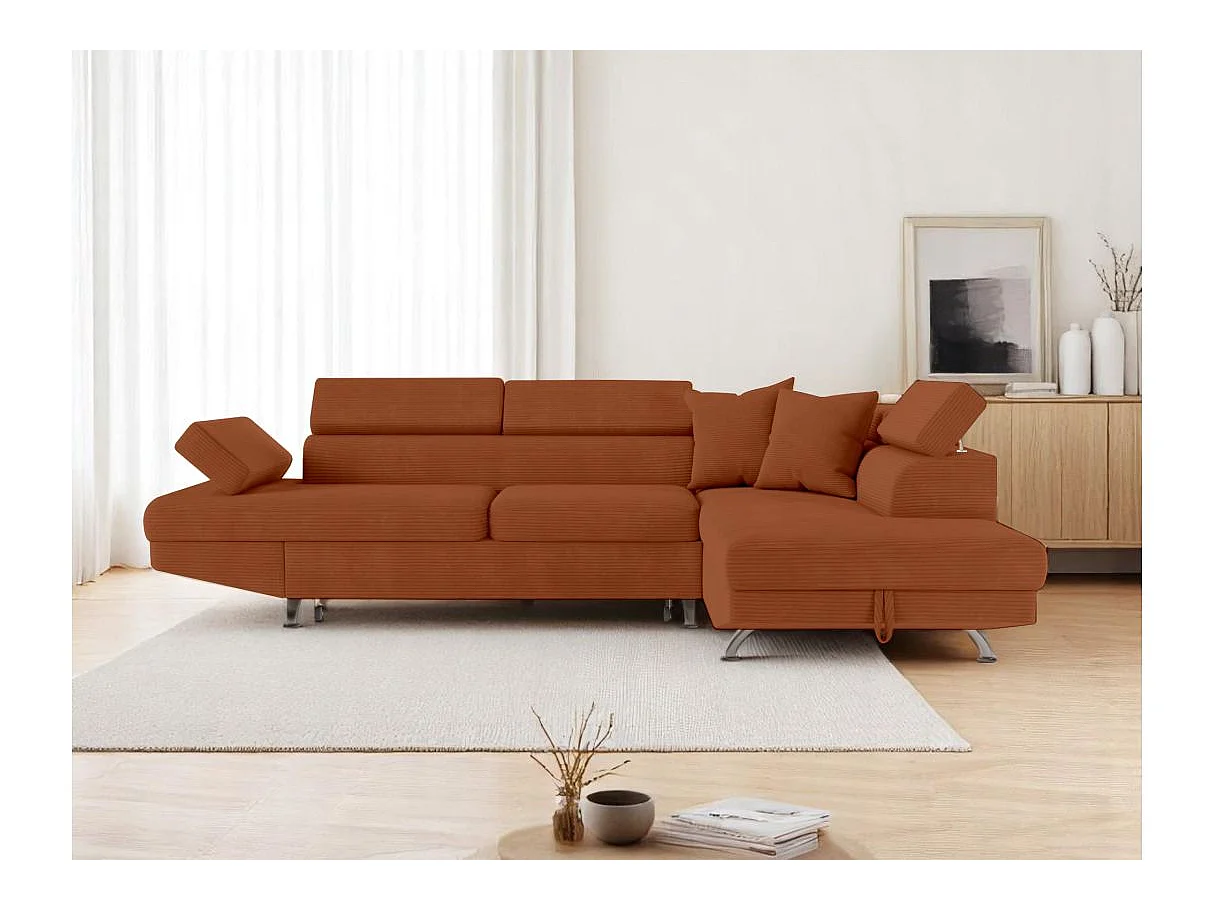 Canapé d'angle droit convertible RIO 5 places avec coffre de rangement en velours côtelé - Terracotta