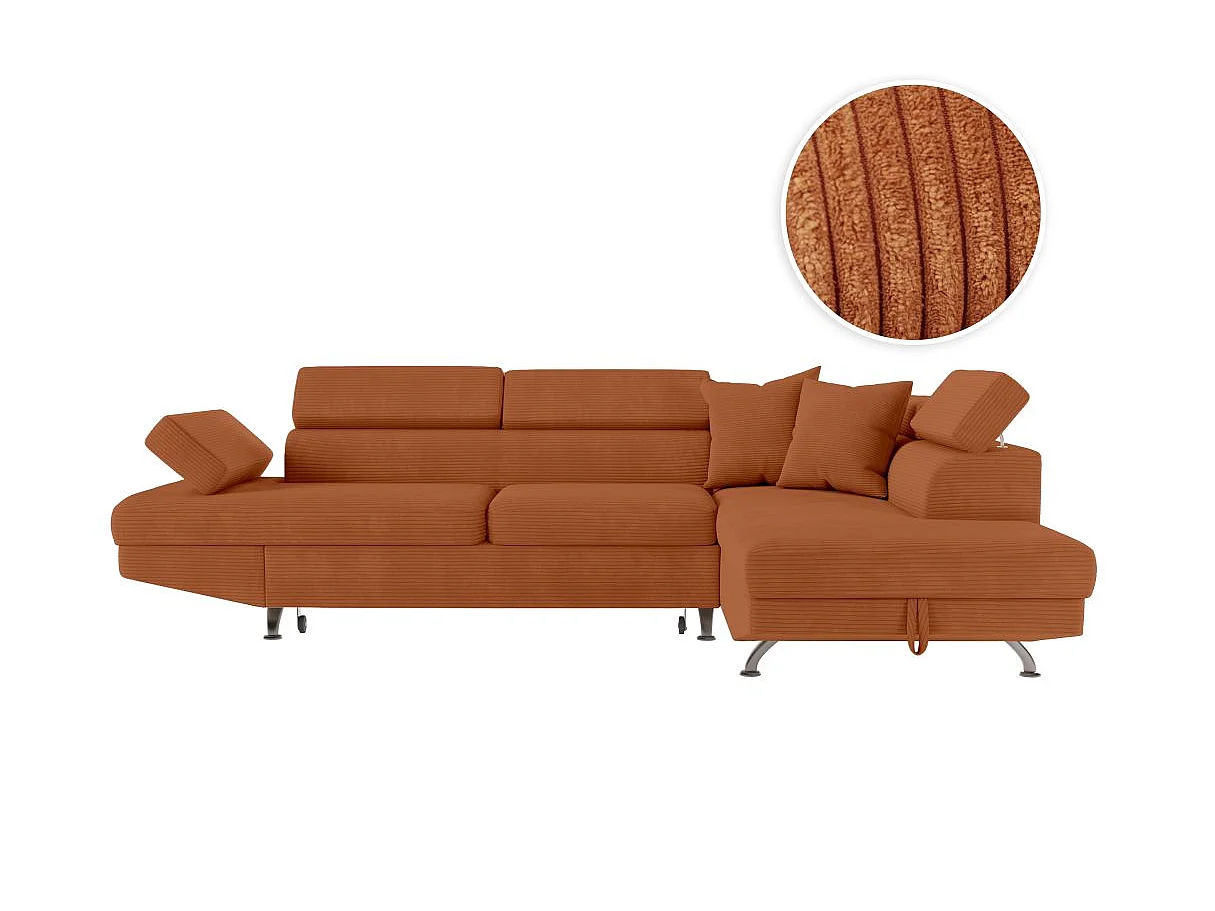 Canapé d'angle droit convertible RIO 5 places avec coffre de rangement en velours côtelé - Terracotta