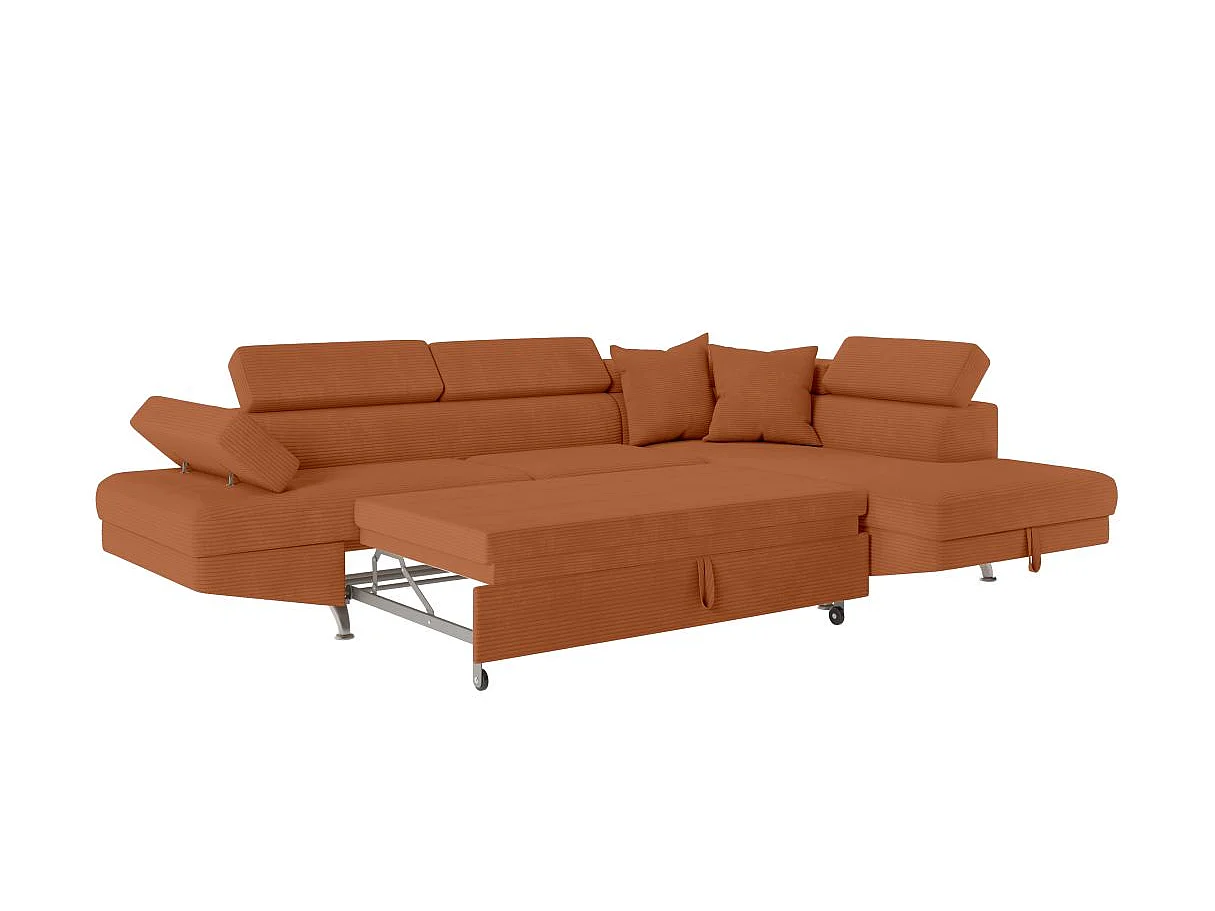 Canapé d'angle droit convertible RIO 5 places avec coffre de rangement en velours côtelé - Terracotta